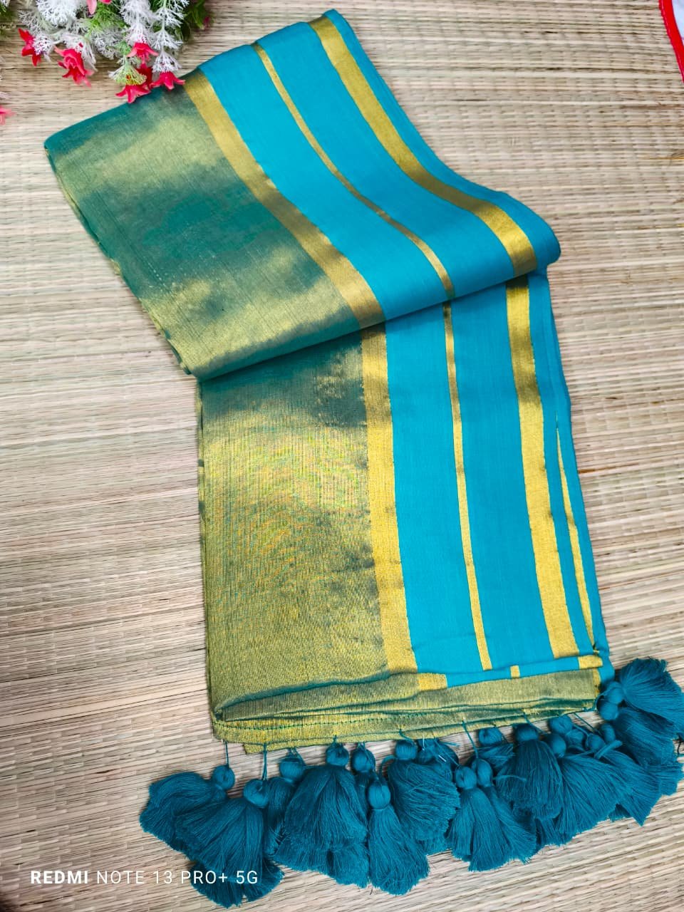 Blue Golden Blend Tissue Cotton Saree Without Blouse Blue Golden Blend Tissue Cotton Saree Without Blouse