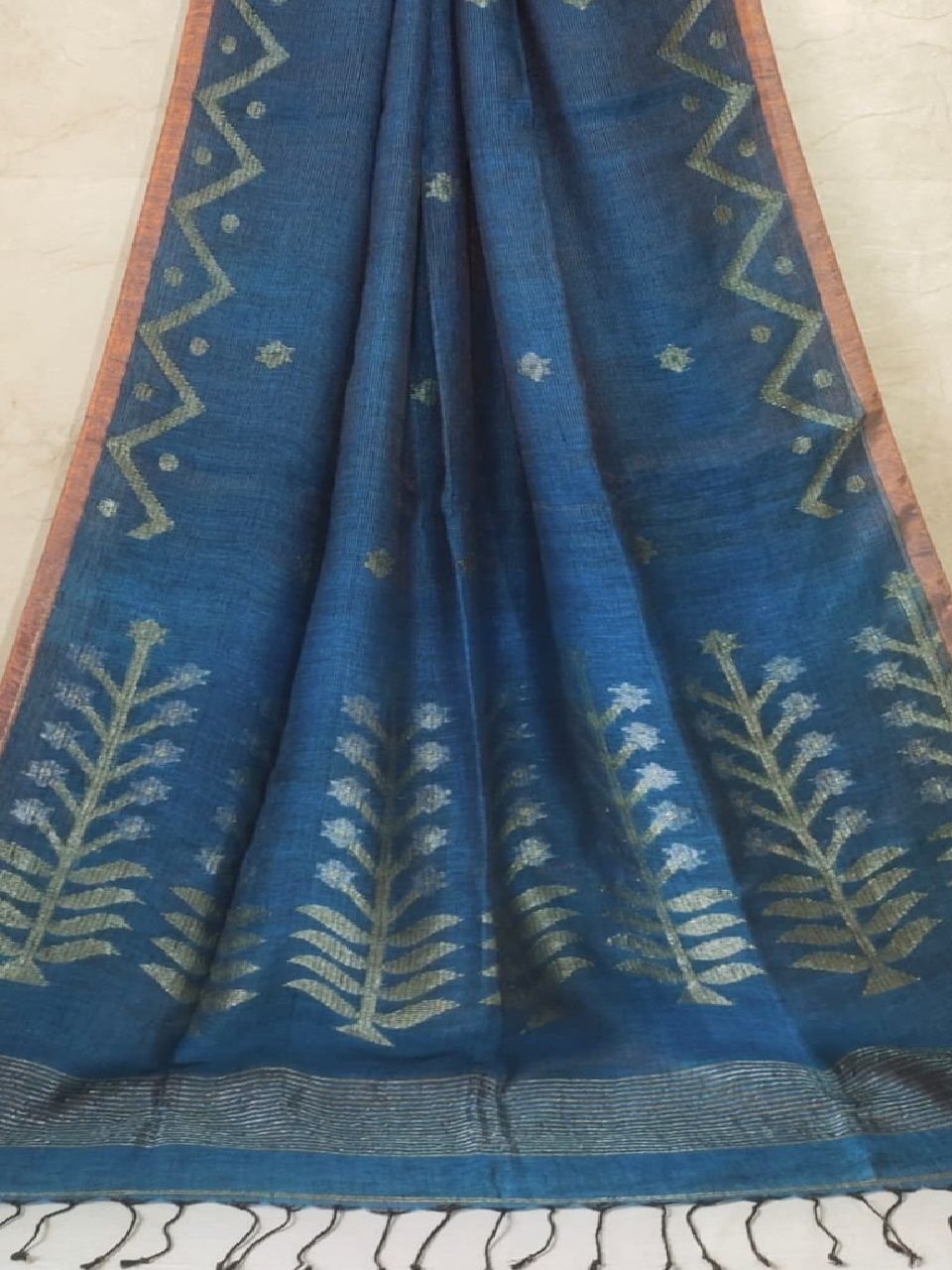 Blue Tissue Linen Jamdani Saree With Blouse Piece Blue Tissue Linen Jamdani Saree With Blouse Piece