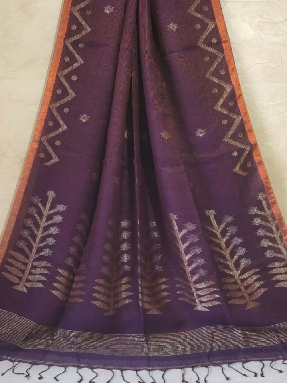 Burgundy Tissue Linen Jamdani Saree With Blouse Piece Burgundy Tissue Linen Jamdani Saree With Blouse Piece