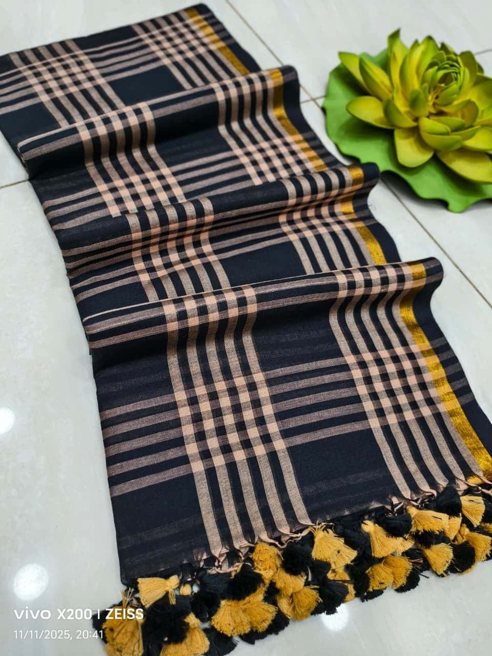 Comforting Black Check Cotton Saree For Casual Wear Comforting Black Check Cotton Saree For Casual Wear