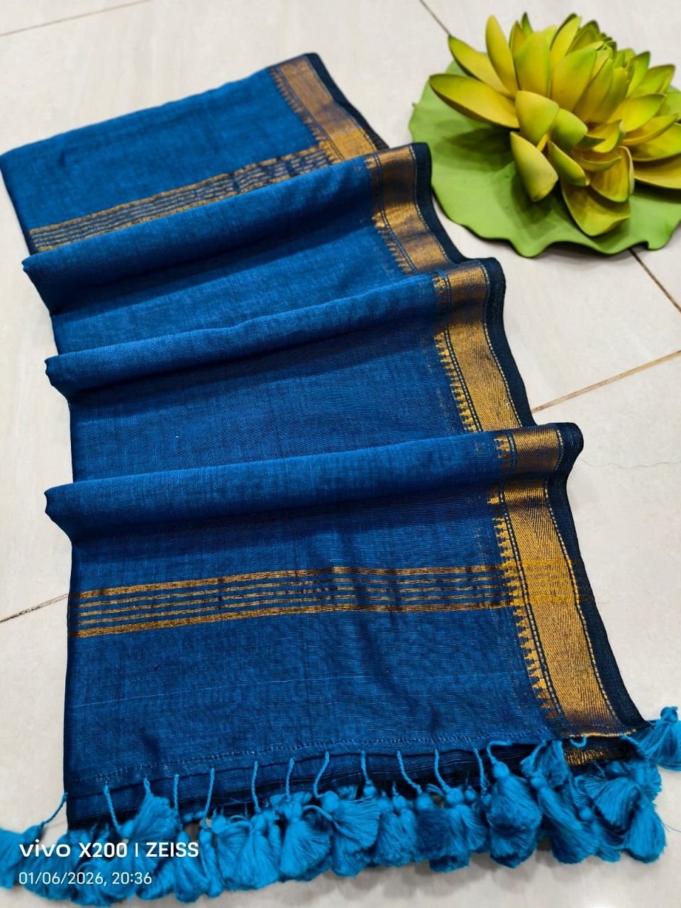 Dazzling Blue Pure Cotton Mangalgiri Saree with Golden Borders Dazzling Blue Pure Cotton Mangalgiri Saree with Golden Borders