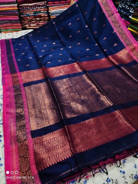 Dazzling Deep Blue Banarasi Pattern Linen Saree For Festive Occasion