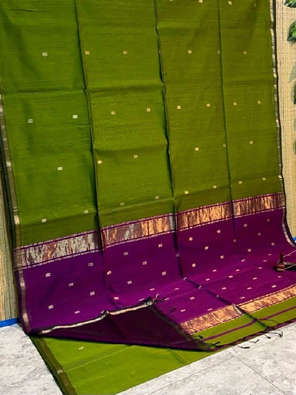 Festive Green Purple Cotton Silk Saree With Lovely Thin Borders Festive Green Purple Cotton Silk Saree With Lovely Thin Borders