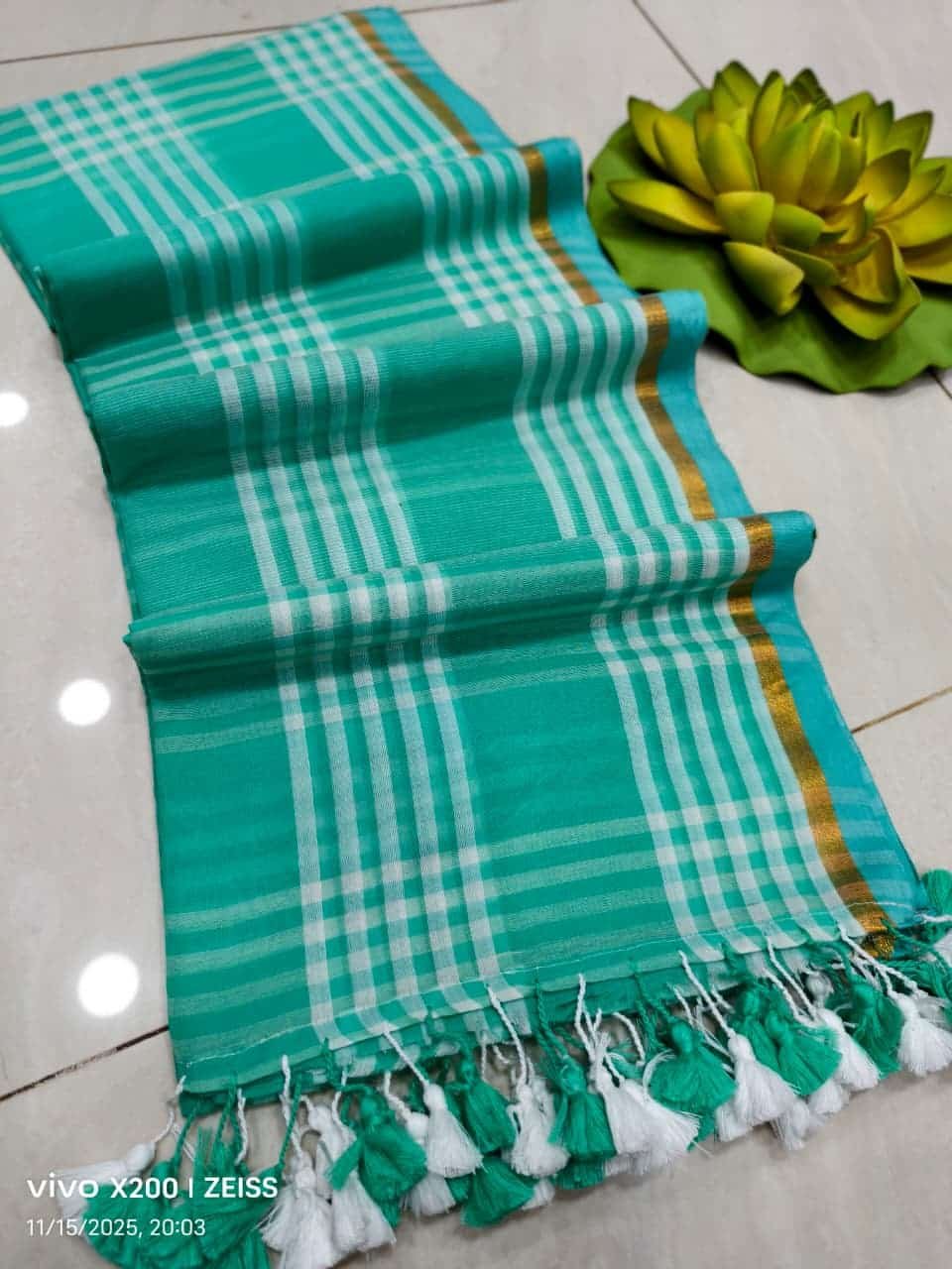 Mint Green Check Cotton Saree For Casual Wear Mint Green Check Cotton Saree For Casual Wear