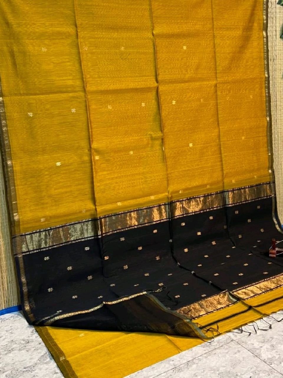 Mustard Yellow Black Cotton Silk Saree With Lovely Thin Borders Mustard Yellow Black Cotton Silk Saree With Lovely Thin Borders