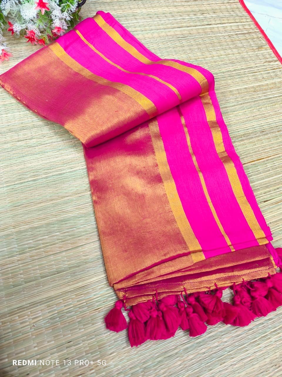Pink Golden Blend Tissue Cotton Saree Without Blouse Pink Golden Blend Tissue Cotton Saree Without Blouse