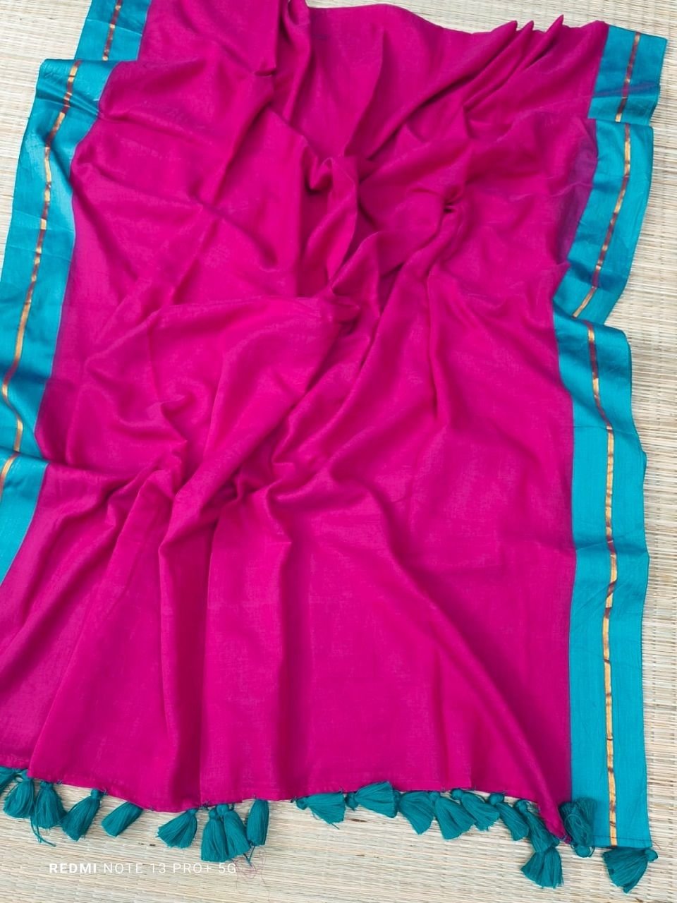 Rani Pink Blue Bordered Mul Cotton Saree Without Blouse Piece Rani Pink Blue Bordered Mul Cotton Saree Without Blouse Piece