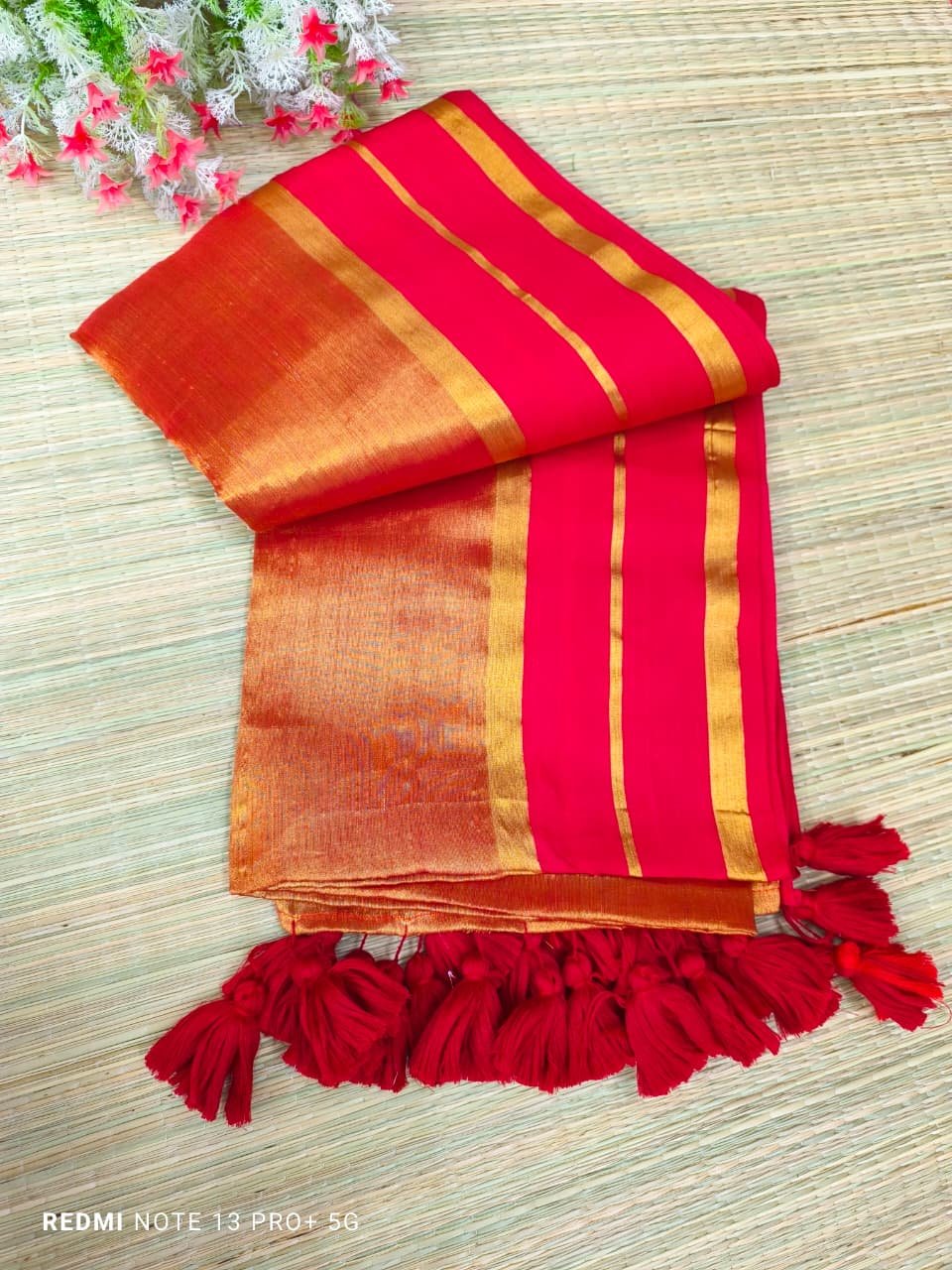 Red Golden Blend Tissue Cotton Saree Without Blouse Red Golden Blend Tissue Cotton Saree Without Blouse
