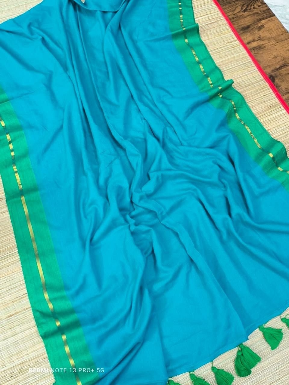 Sky Blue Green Bordered Mul Cotton Saree Without Blouse Piece Sky Blue Green Bordered Mul Cotton Saree Without Blouse Piece