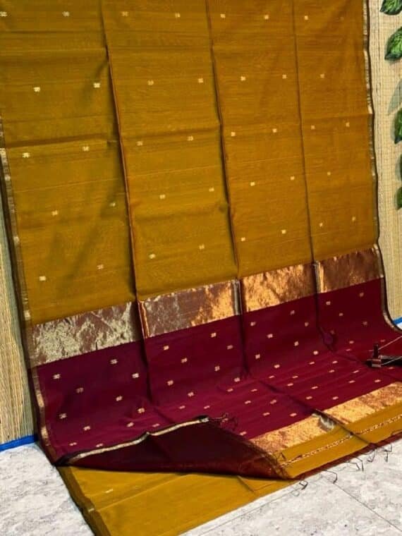 Strong Mustard Yellow Maroon Cotton Silk Saree With Lovely Thin Borders