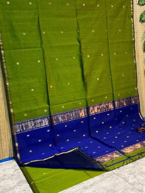 Vibrant Green Blue Cotton Silk Saree With Lovely Thin Borders
