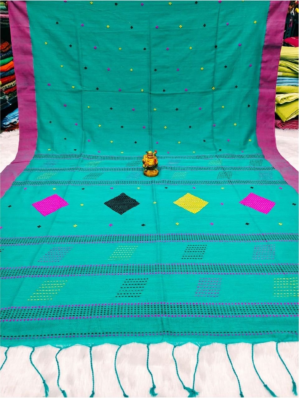 Aqua Green Pure Cotton Diamond Design Handloom Saree Aqua Green Pure Cotton Diamond Design Handloom Saree