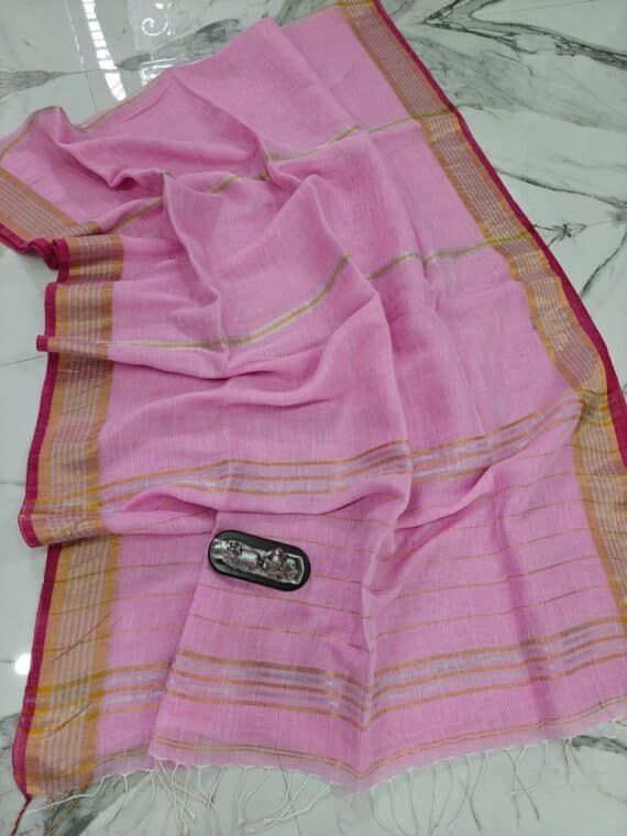 Baby Pink Handwoven Stripe Design Linen Saree With Zari Borders