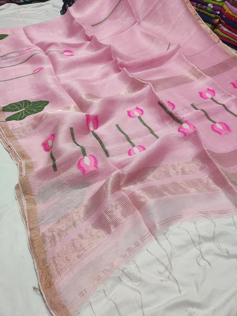 Baby Pink Premium Jayashree Tissue Resham Linen Saree Baby Pink Premium Jayashree Tissue Resham Linen Saree