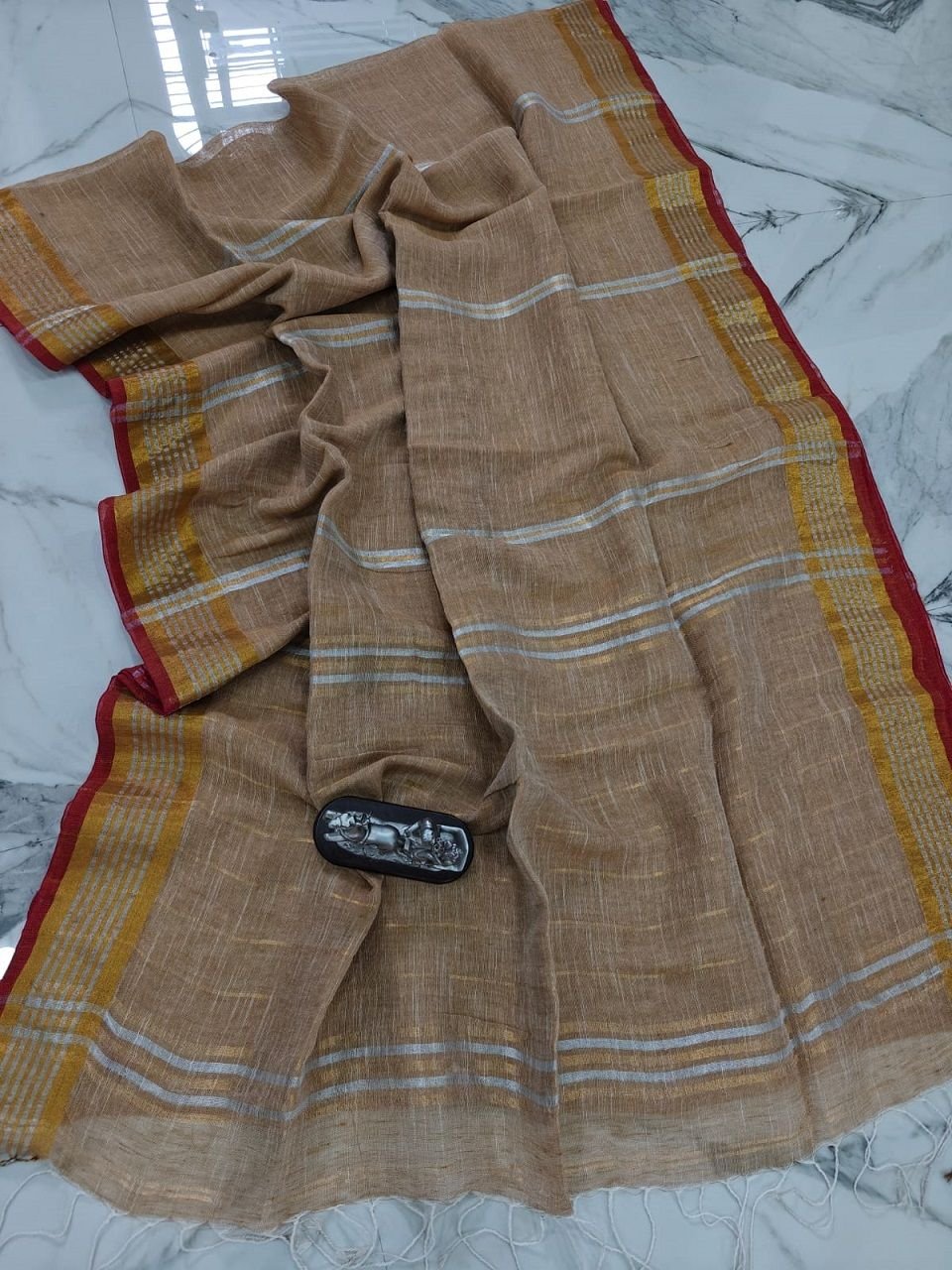 Beige Handwoven Stripe Design Linen Saree With Zari Borders Beige Handwoven Stripe Design Linen Saree With Zari Borders