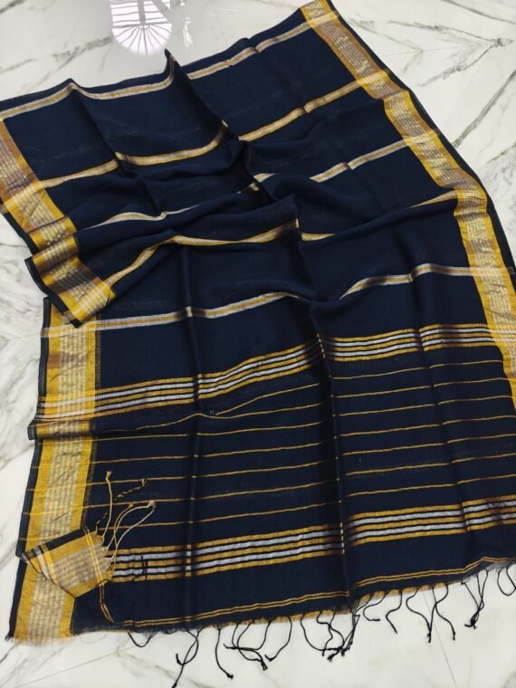 Black Handwoven Stripe Design Linen Saree With Zari Borders