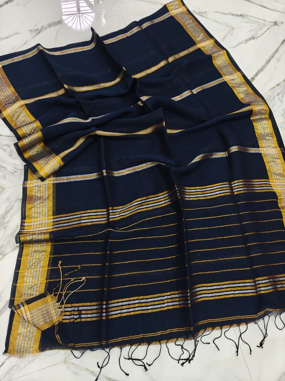 Black Handwoven Stripe Design Linen Saree With Zari Borders Black Handwoven Stripe Design Linen Saree With Zari Borders