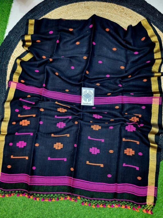 Black Pink Orange Jamdani Pure Linen Handwoven Saree
