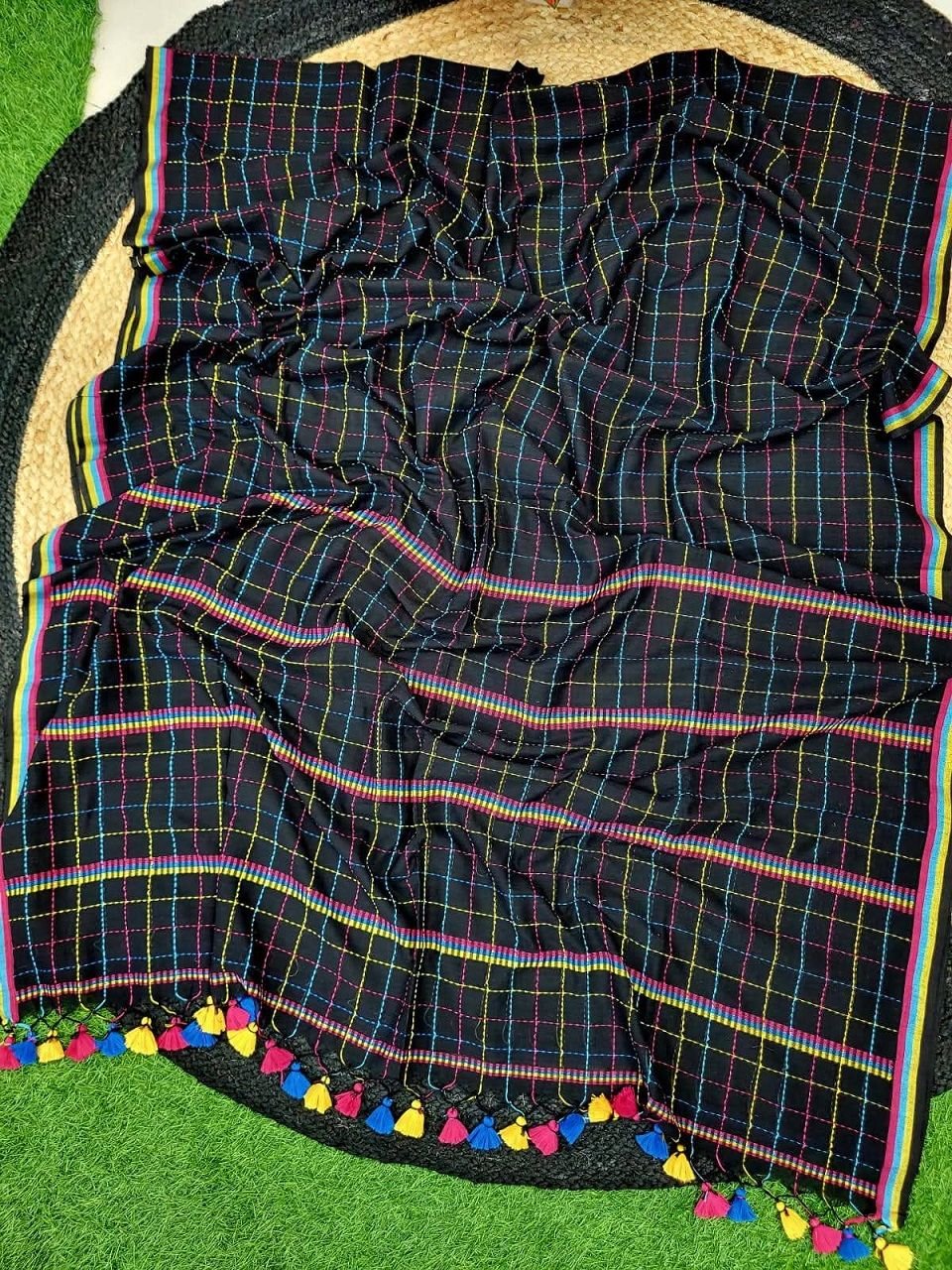 Black Pure Cotton Kantha Stitch Weaving Check Design Saree Black Pure Cotton Kantha Stitch Weaving Check Design Saree