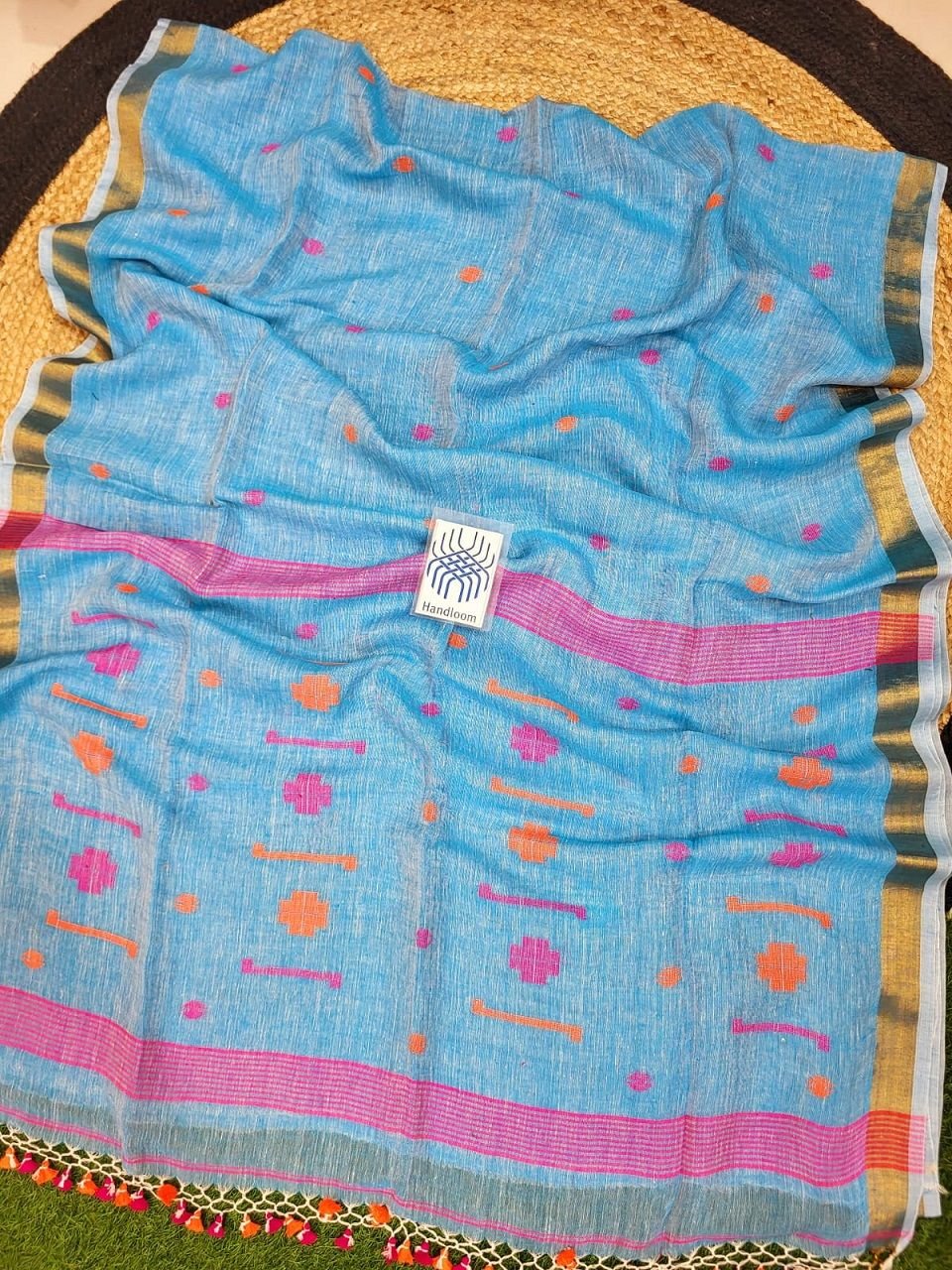 Blue Pink Orange Jamdani Pure Linen Handwoven Saree Blue Pink Orange Jamdani Pure Linen Handwoven Saree