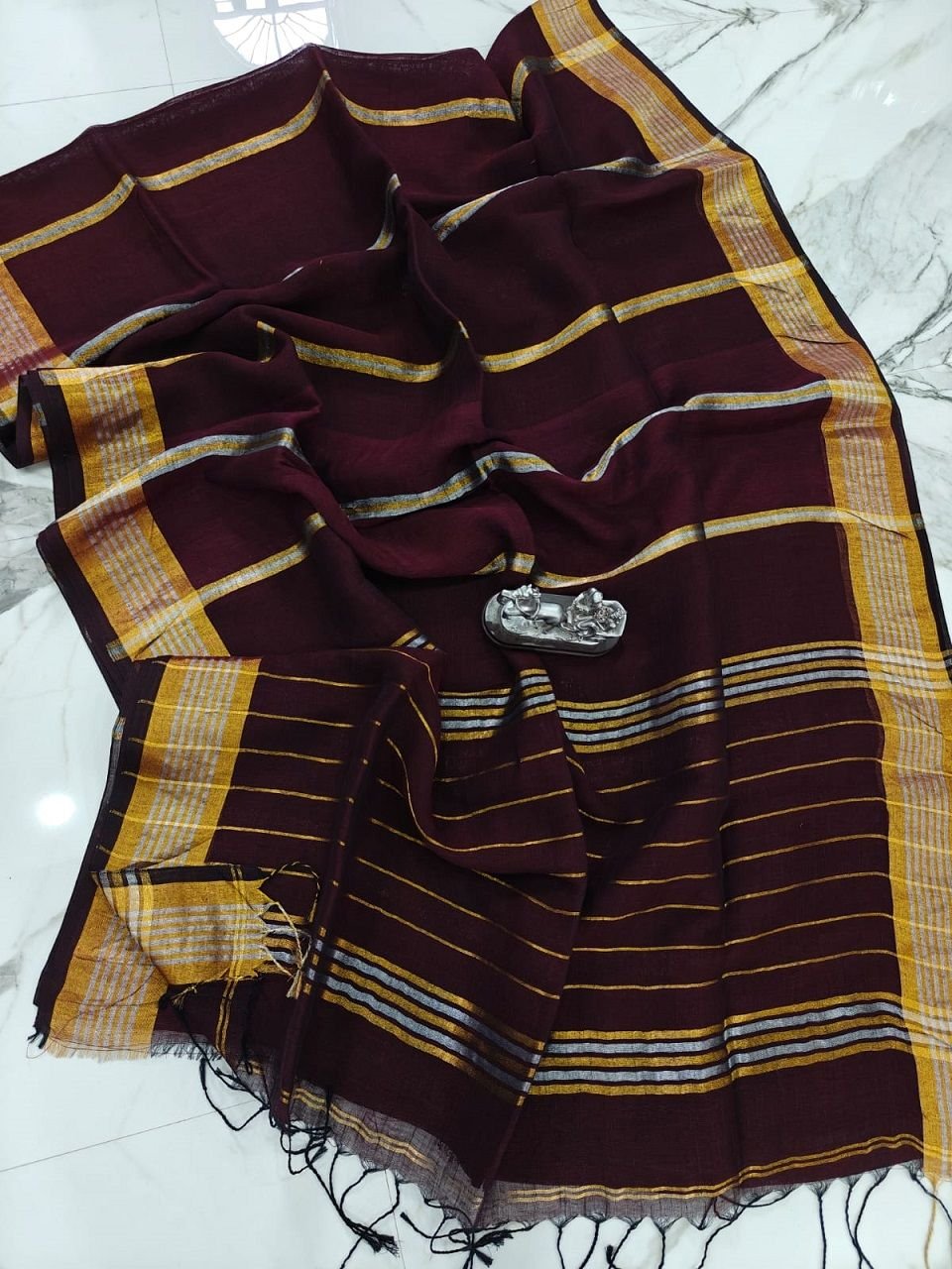 Burgundy Handwoven Stripe Design Linen Saree With Zari Borders Burgundy Handwoven Stripe Design Linen Saree With Zari Borders