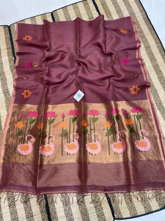 Burgundy Premium Quality Tissue Linen Saree With Paithani Pallu