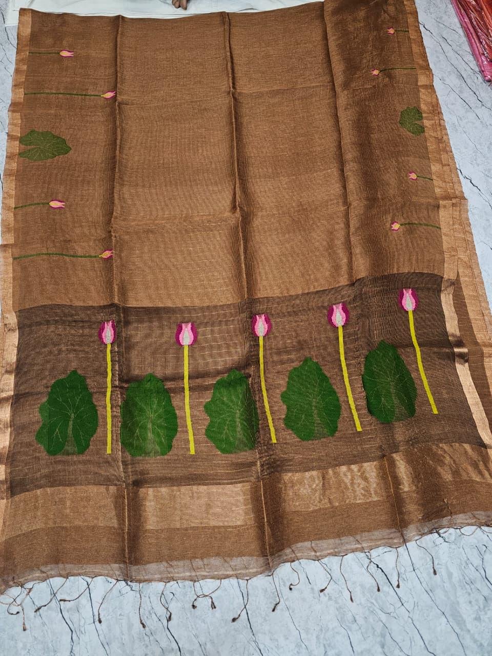 Copper Brown Premium Jayashree Tissue Resham Linen Saree Copper Brown Premium Jayashree Tissue Resham Linen Saree