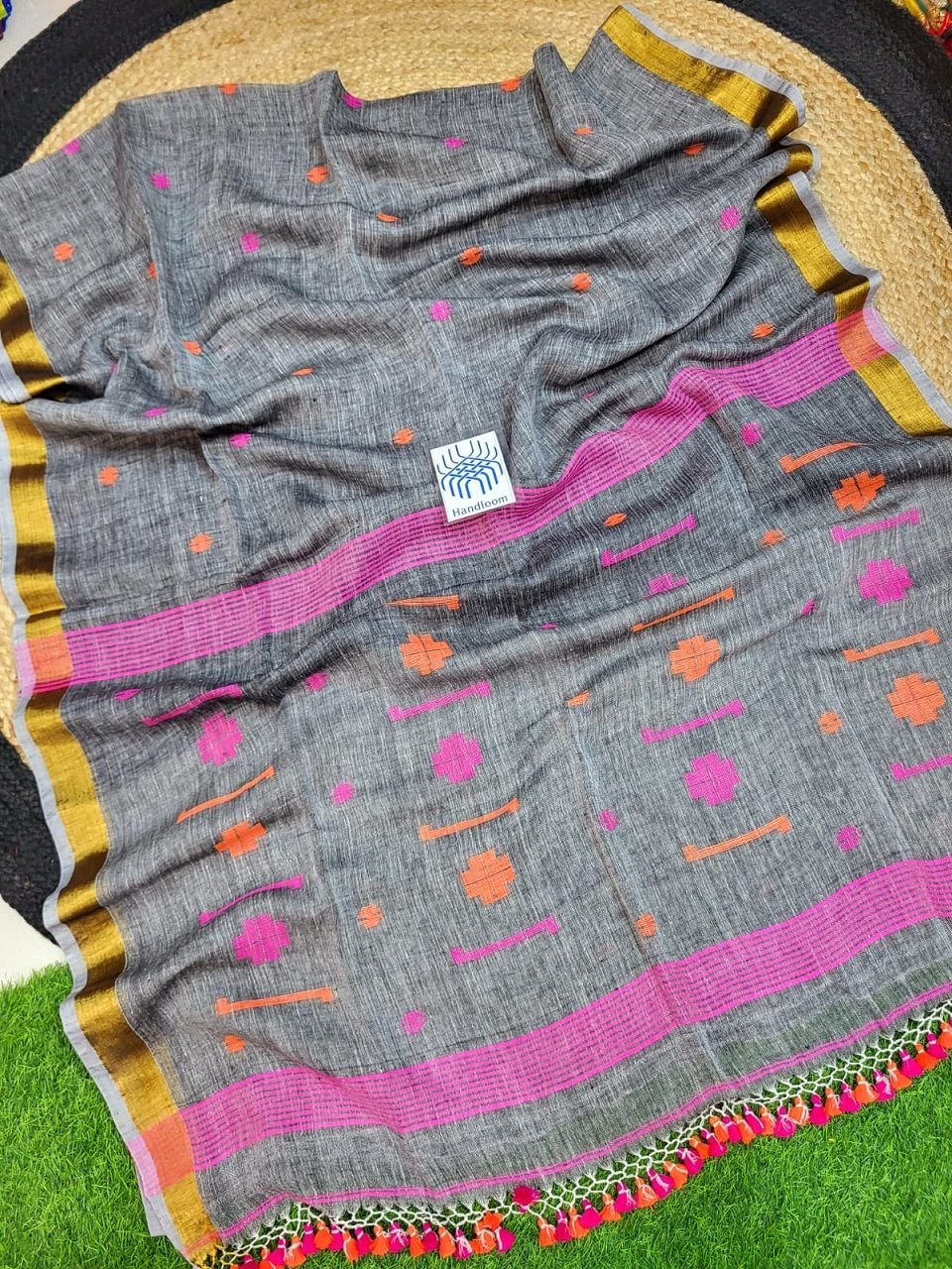 Dark Grey Pink Orange Jamdani Pure Linen Handwoven Saree Dark Grey Pink Orange Jamdani Pure Linen Handwoven Saree