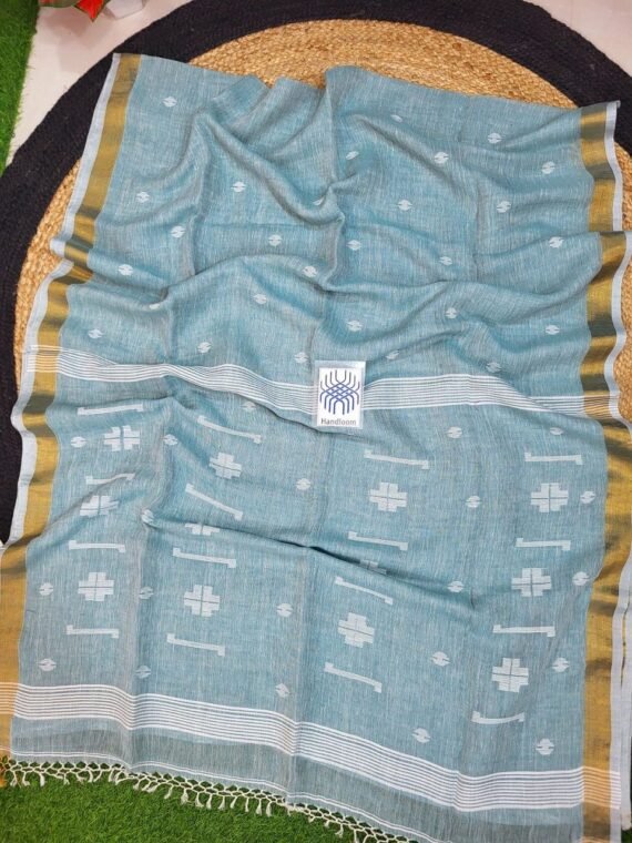 Denim Blue White Jamdani Pure Linen Handwoven Saree