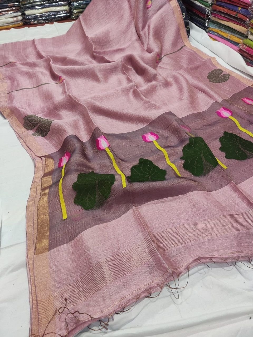 Dusty Pink Premium Jayashree Tissue Resham Linen Saree Dusty Pink Premium Jayashree Tissue Resham Linen Saree