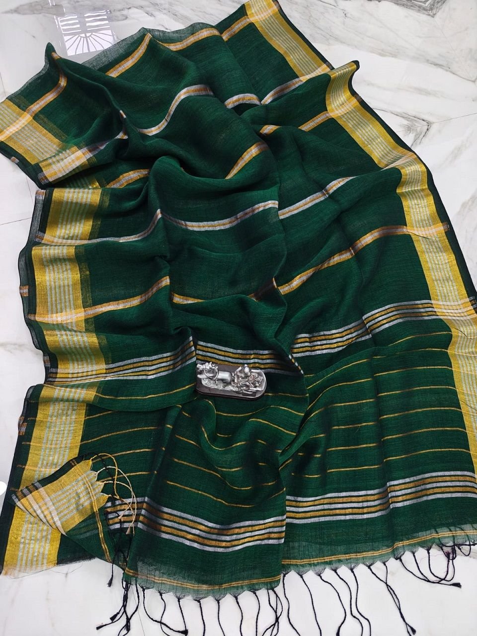 Forest Green Handwoven Stripe Design Linen Saree With Zari Borders Forest Green Handwoven Stripe Design Linen Saree With Zari Borders