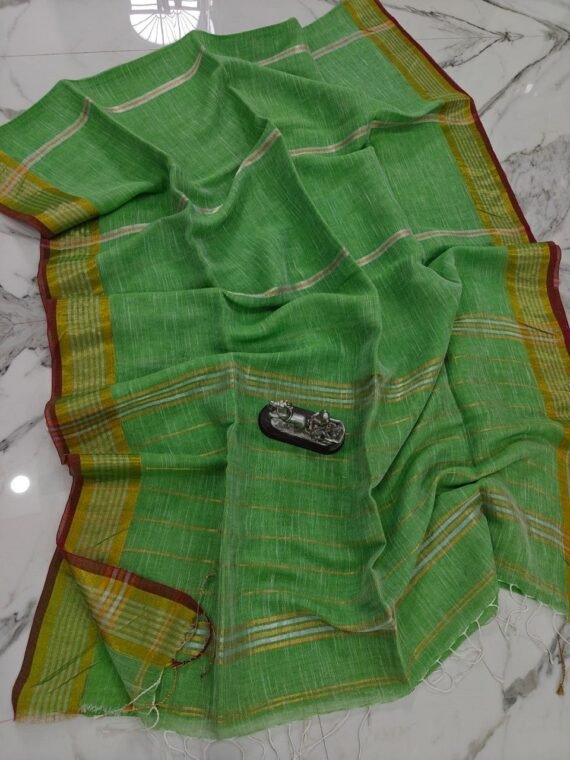 Green Handwoven Stripe Design Linen Saree With Zari Borders