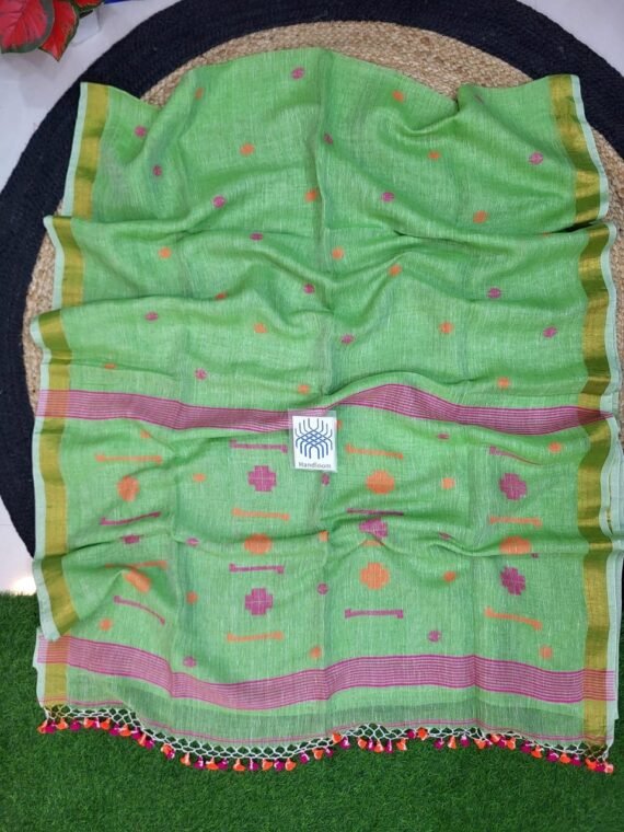 Green Pink Orange Jamdani Pure Linen Handwoven Saree