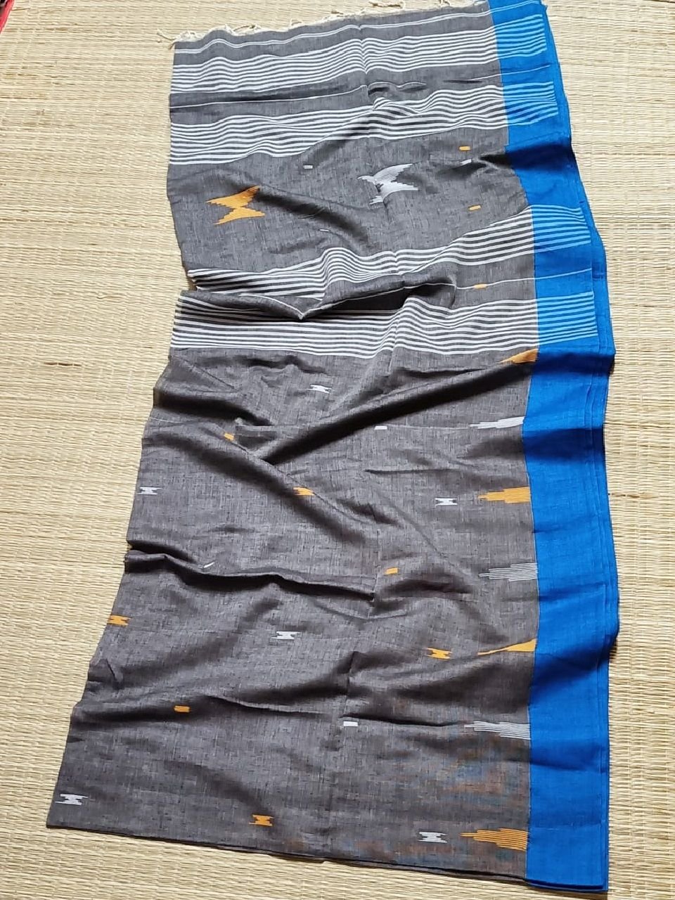 Grey Blue Damru Temple Pattern Handloom Soft Cotton Saree Grey Blue Damru Temple Pattern Handloom Soft Cotton Saree