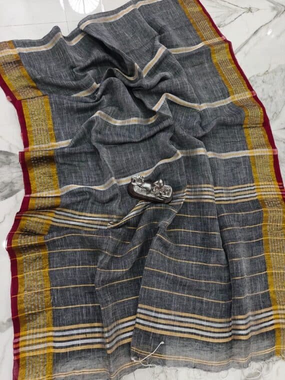 Grey Handwoven Stripe Design Linen Saree With Zari Borders