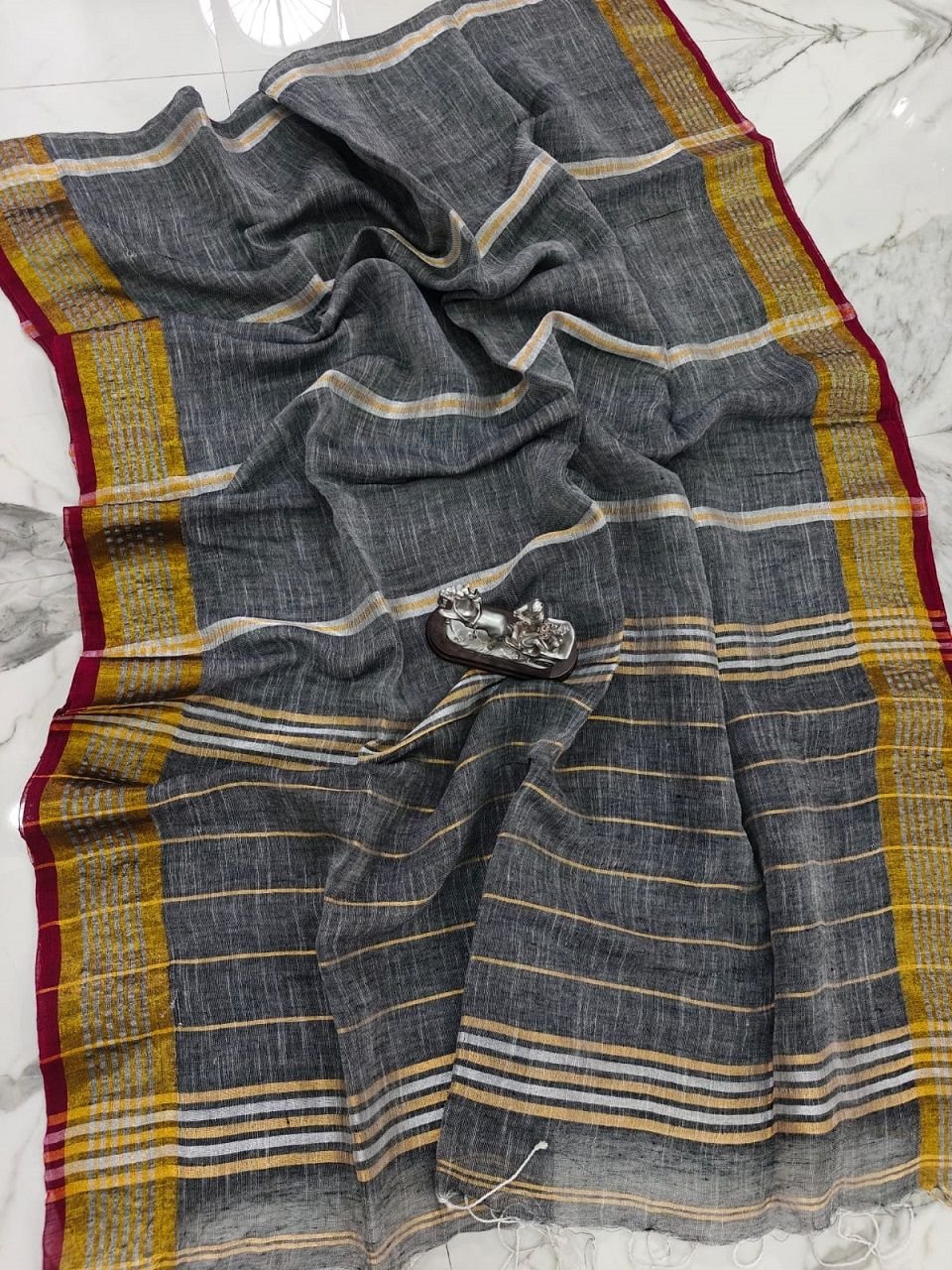 Grey Handwoven Stripe Design Linen Saree With Zari Borders Grey Handwoven Stripe Design Linen Saree With Zari Borders