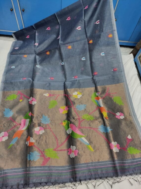 Grey Muslin Jamdani Saree With Paithani Design Pallu