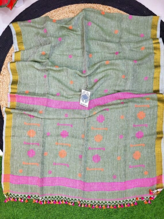 Grey Pink Orange Jamdani Pure Linen Handwoven Saree
