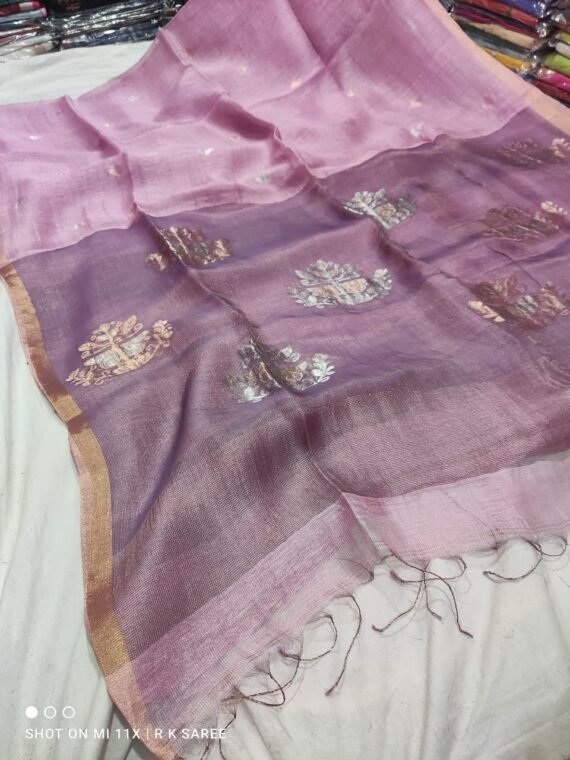 Lavender Mauve Premium Silk Linen Handloom Saree With Zari Motif