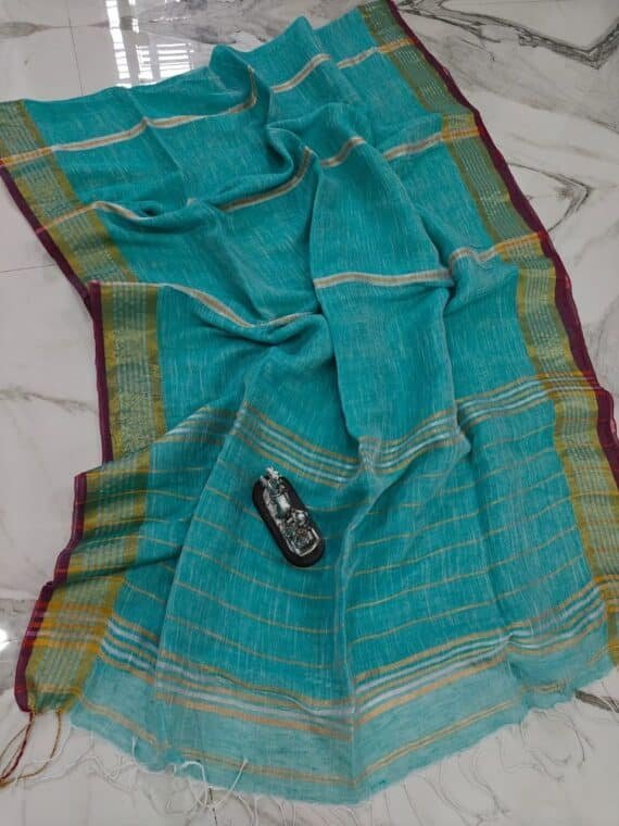 MInt Blue Handwoven Stripe Design Linen Saree With Zari Borders