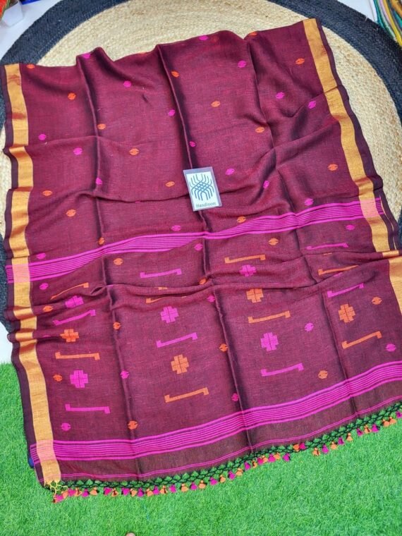 Majenta Pink Orange Jamdani Pure Linen Handwoven Saree