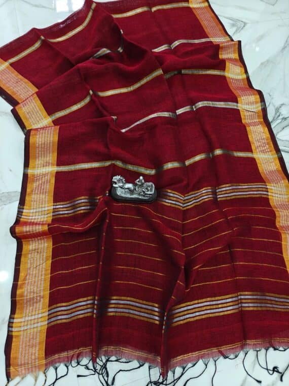 Maroon Handwoven Stripe Design Linen Saree With Zari Borders