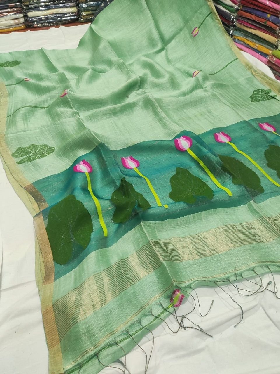 Mint Green Premium Jayashree Tissue Resham Linen Saree Mint Green Premium Jayashree Tissue Resham Linen Saree