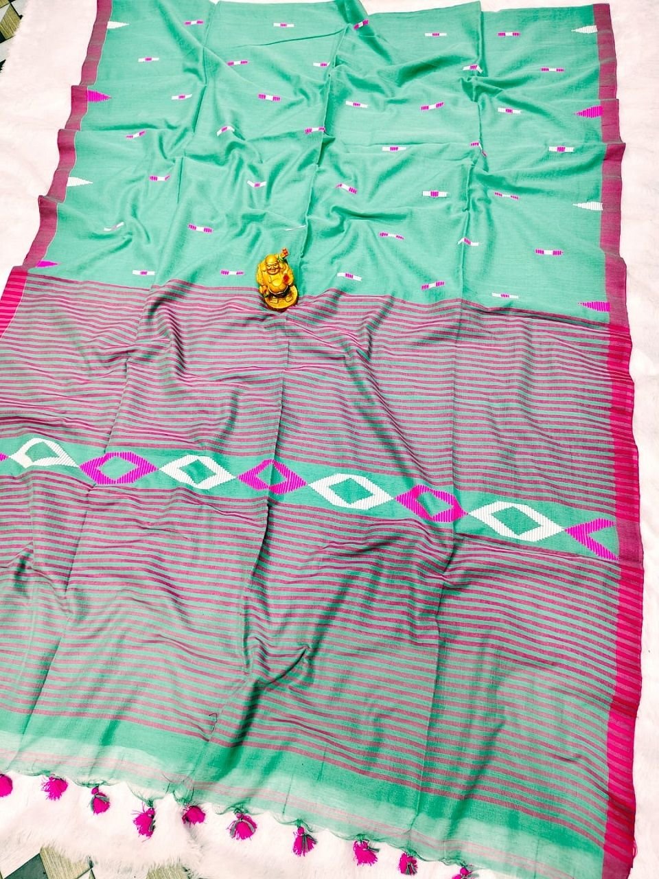 Mint Green Pure Cotton Handloom Saree With Allover Woven Ikkat Design Motifs Mint Green Pure Cotton Handloom Saree With Allover Woven Ikkat Design Motifs