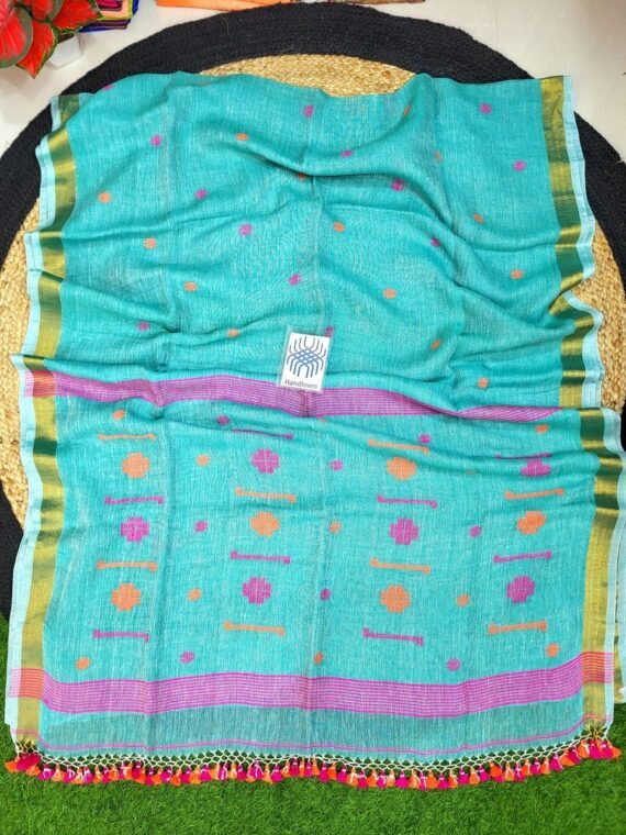 Ocean Blue Pink Orange Jamdani Pure Linen Handwoven Saree