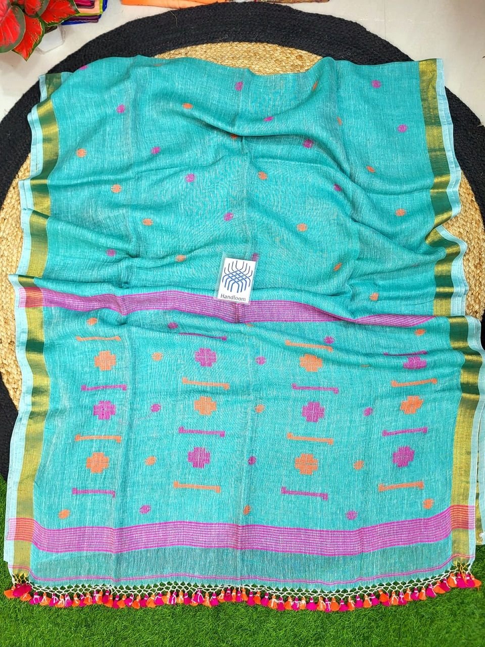 Ocean Blue Pink Orange Jamdani Pure Linen Handwoven Saree Ocean Blue Pink Orange Jamdani Pure Linen Handwoven Saree