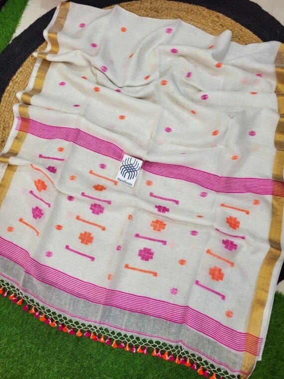 OffWhite Pink Orange Jamdani Pure Linen Handwoven Saree