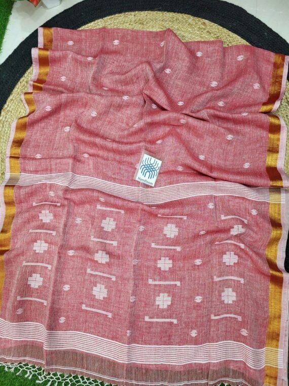Onion Pink White Jamdani Pure Linen Handwoven Saree