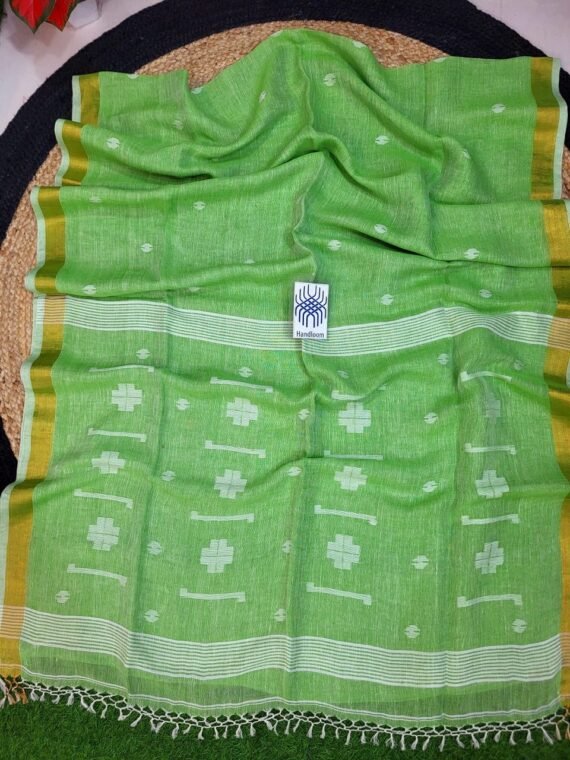 Parrot Green Jamdani Pure Linen Handwoven Saree