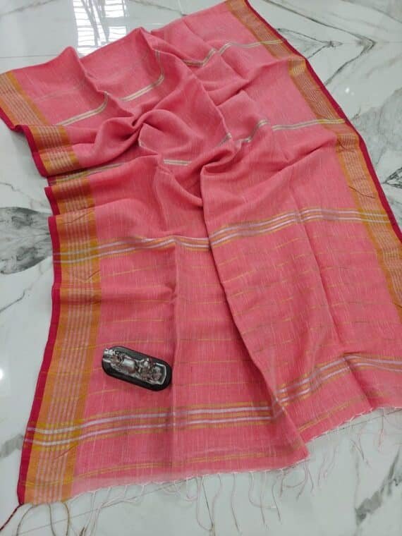 Peach Pink Handwoven Stripe Design Linen Saree With Zari Borders